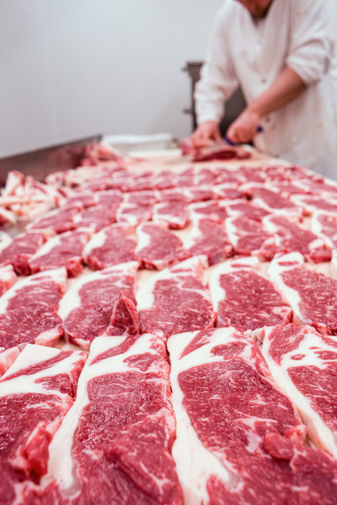 Angus Steaks on a Butcher Counter at Heatherlea Farm Shoppe in Caledon.
