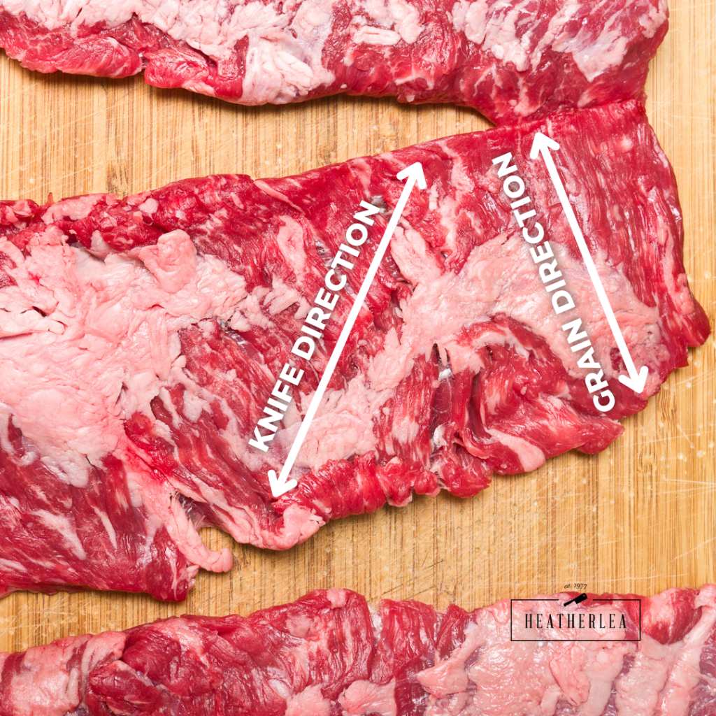 Knife direction to cut against the grain of beef steak